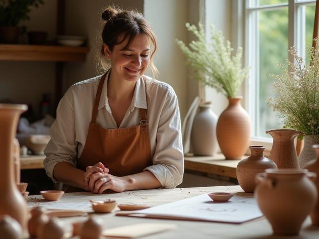 Lena Schmidt, Gründerin von Lysandra Flora, in ihrem hellen, warm beleuchteten Atelier, umgeben von Keramikformen und Skizzen, mit einem leichten Lächeln bei der Arbeit.